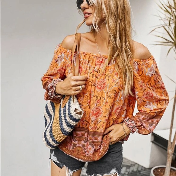 Boho floral print off shoulder blouse- Yellow - Picture 7 of 12